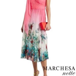MARCHESA NOTTE One Shoulder Chiffon Pleated Printed Chiffon Midi Dress